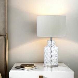 LLT Ariel white glass table lamp with clear textured glass base and white shade