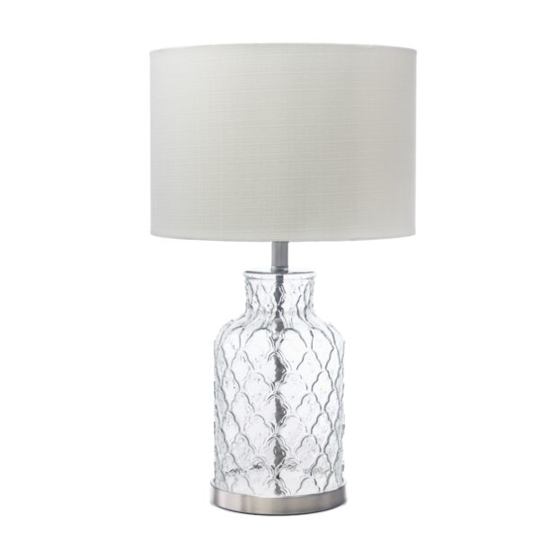 Modern glass table lamp LLT Ariel with brushed nickel and white drum shade