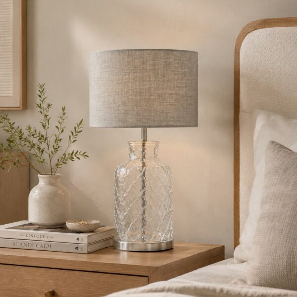 LLT Ariel Grey Glass Table Lamp with detailed clear glass base
