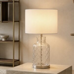 LLT Ariel White glass table lamp creating a soft calm glow with textured glass base and white shade