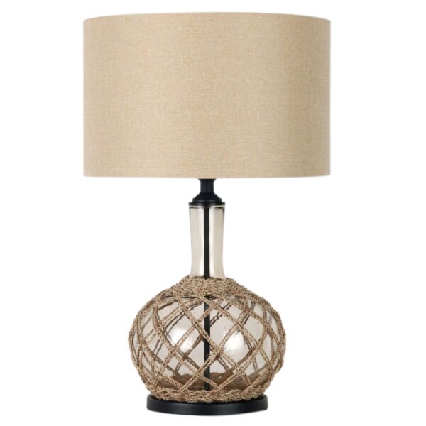 Coastal-style table lamp with natural rope and linen shade