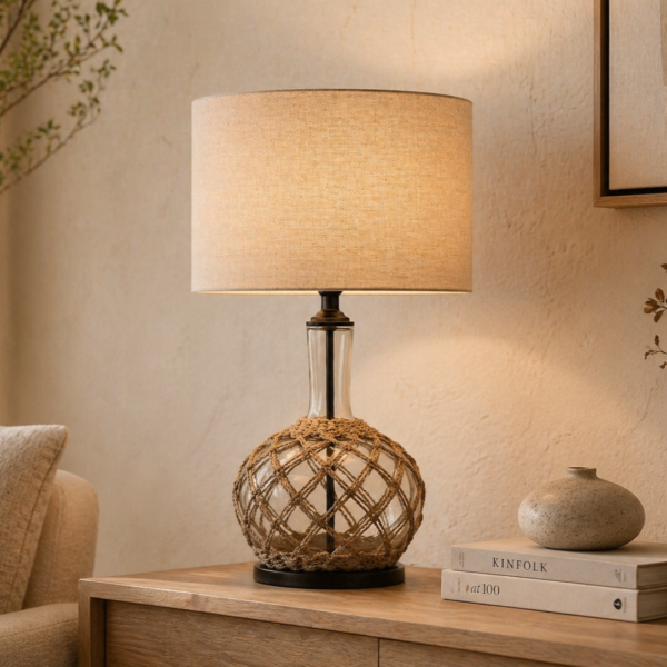 LLT Ivy Table Lamp with glass base and rope weave design