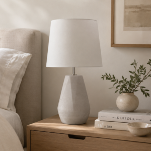 LLT Popsicle Cement White Table Lamp styled on bedside table in clean minimalist contemporary bedroom interior