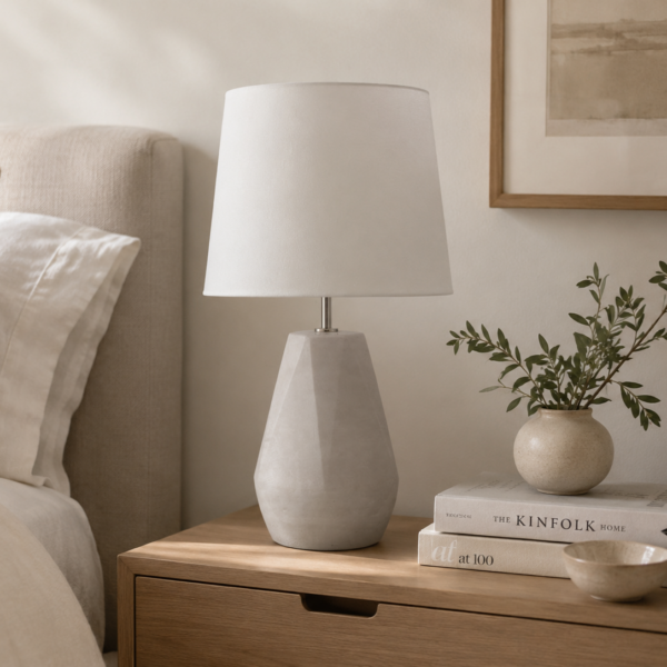 LLT Popsicle Cement White Table Lamp styled on bedside table in clean minimalist contemporary bedroom interior