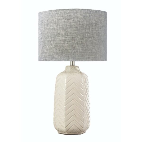 Refined architectural ceramic lamp with a grey fabric round shade