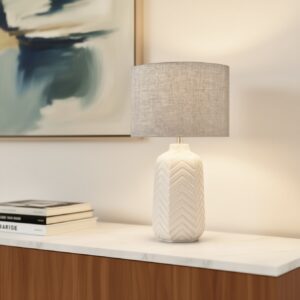LLT Sorrento Linen Grey Table Lamp with vanilla ceramic base and grey shade