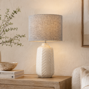 LLT Sorrento Linen Grey Table Lamp with vanilla ceramic base and grey shade