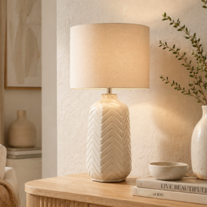 LLT Sorrento Natural Table Lamp with vanilla ceramic base and linen shade