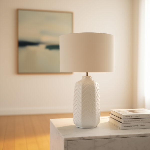LLT Sorrento Natural Table Lamp with vanilla ceramic base and linen shade