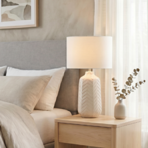 LLT Sorrento White Table Lamp with chevron embossed vanilla ceramic base and white linen shade