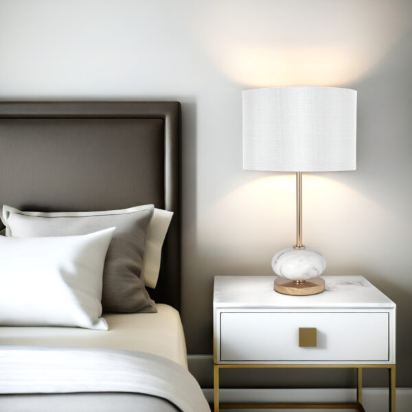 Elegant white marble and gold table lamp with linen shade