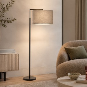 LLF Black Kardinia Linen Sand Floor Lamp with black painted metal base and sand linen drum shade