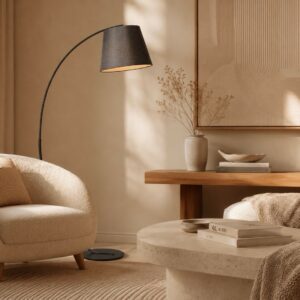 LLF Bowie Charcoal contemporary arc floor lamp styled in modern living room interior setting