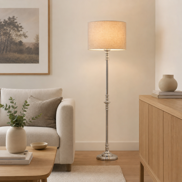 LLF Brooke Linen Sand Floor Lamp with silver plated base and sand linen drum shade