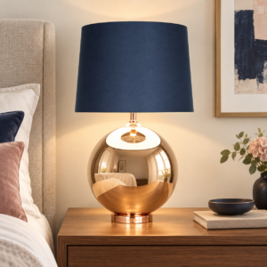 LLT Echo Copper Table Lamp with copper glass base and navy shade