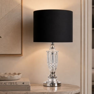 LLT Janelle Silver Black Table Lamp with crystal base and black drum shade