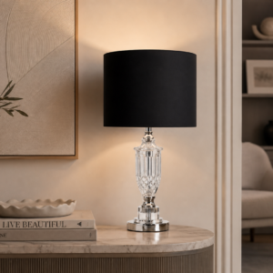 LLT Janelle Silver Black Table Lamp with crystal base and black drum shade