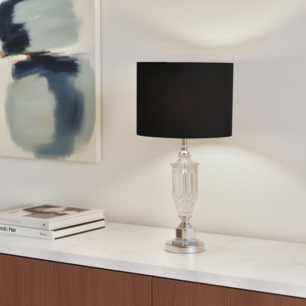 LLT Janelle Silver Black Table Lamp with crystal base and black drum shade