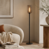 Floor Lamp with unpolished marble base and smoked glass cylindrical shade