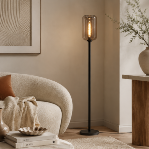 Floor Lamp with unpolished marble base and smoked glass cylindrical shade