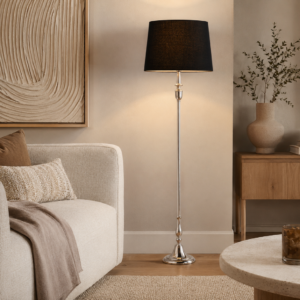 LLF Flute Black Floor Lamp with ornate nickel base and bold black linen round tapered shade