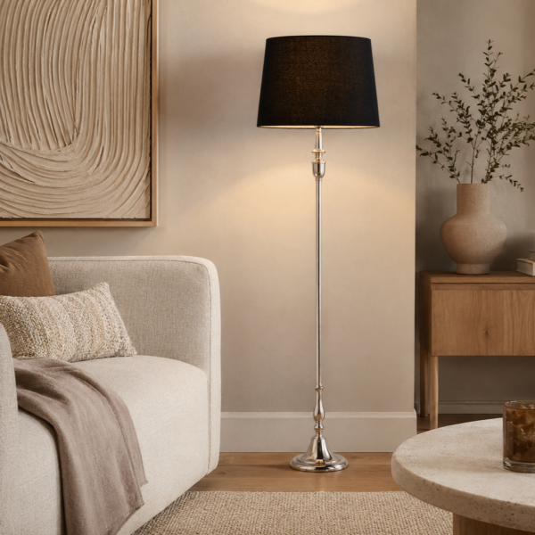 LLF Flute Black Floor Lamp with ornate nickel base and bold black linen round tapered shade