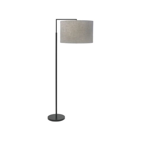 Black Kardinia Linen Sand Floor Lamp with black painted metal base and sand linen drum shade