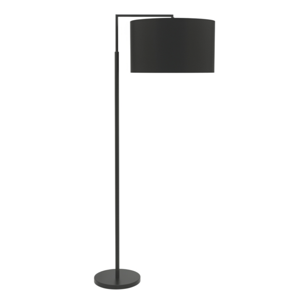 LLF Black Kardinia dramatic floor lamp styled in modern contemporary living room interior setting