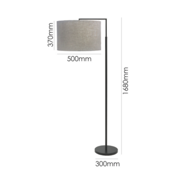 LLF Black Kardinia floor lamp featuring angular black arm and warm sand linen drum shade