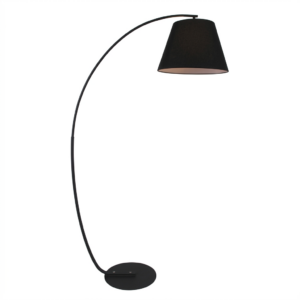 LLF Bowie Black dramatic arc floor lamp styled in sophisticated contemporary living room interior