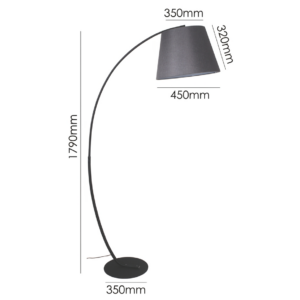 LLF Bowie Charcoal Floor Lamp with matte grey painted metal arc base and grey textured linen tapered shade