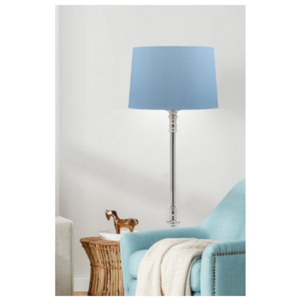 LLF Brooke floor lamp featuring slender chrome column and soft moonstone blue fabric shade