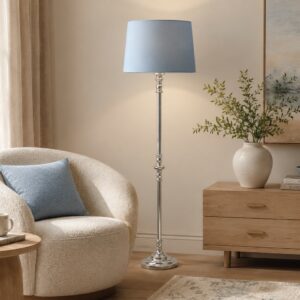 LLF Brooke Moonstone Blue Floor Lamp with silver plated chrome base and moonstone blue shade