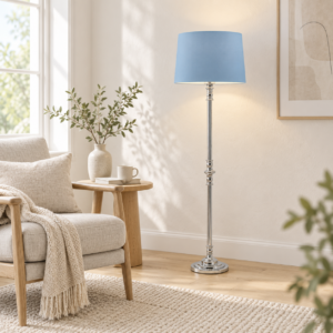 LLF Brooke Moonstone Blue Floor Lamp with silver plated chrome base and moonstone blue shade