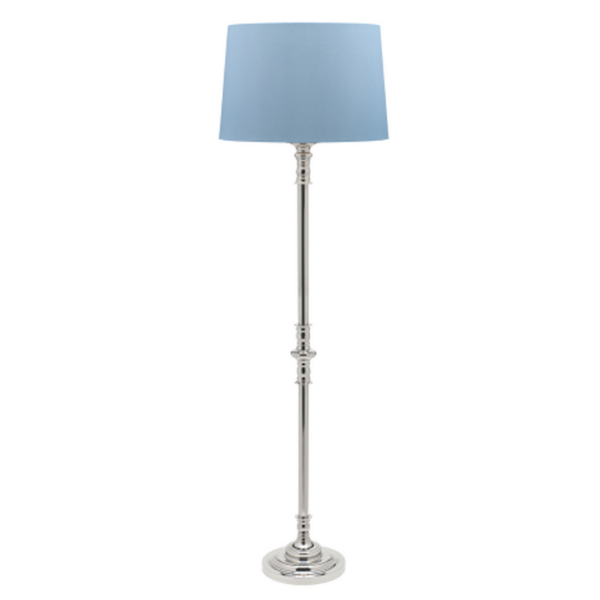 LLF Brooke Moonstone Blue floor lamp styled in a modern living room with a soft ambient glow