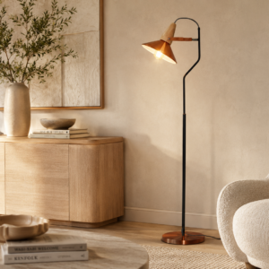 LLF Cameron industrial floor lamp styled in warm contemporary living room interior setting