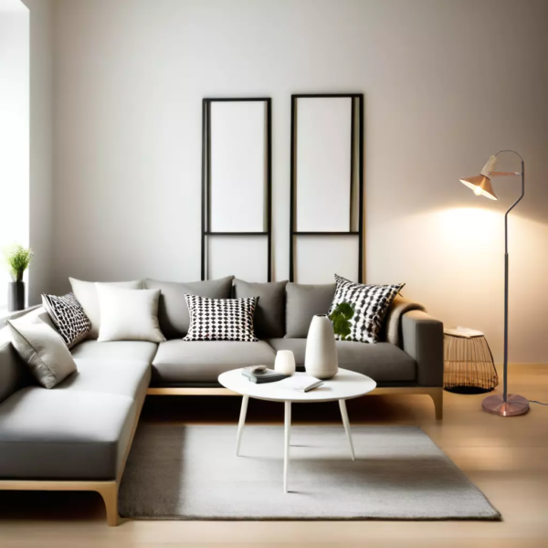 LLF Cameron Floor Lamp with copper plated base and black metal arm and timber finish cone shade