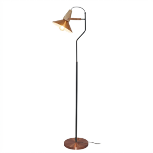 industrial floor lamp styled in warm contemporary living room interior setting