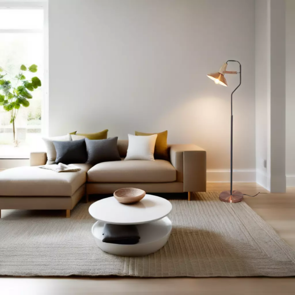 LLF Cameron timber finish and copper plated cone shade close up detail on black metal arm