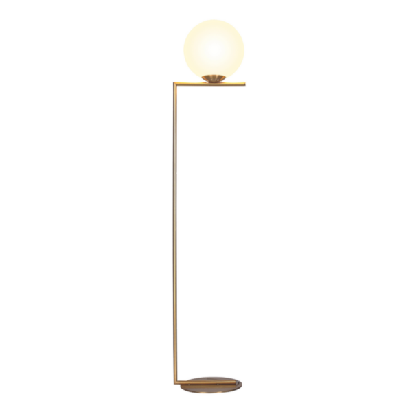 Floor Lamp with antique gold right-angle metal frame and opal glass ball shade