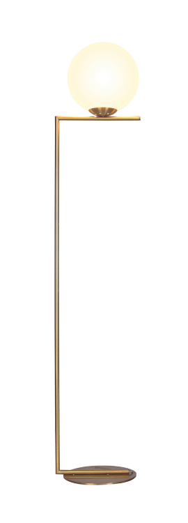LLF Eris Floor Lamp with antique gold right-angle metal frame and opal glass ball shade
