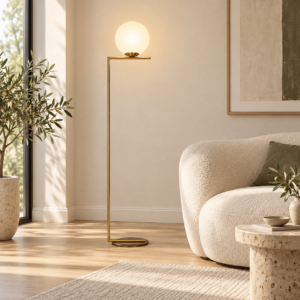 LLF Eris Floor Lamp with antique gold right-angle metal frame and opal glass ball shade