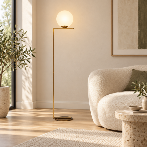 LLF Eris Floor Lamp with antique gold right-angle metal frame and opal glass ball shade