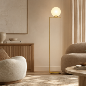 LLF Eris Floor Lamp with antique gold right-angle metal frame and opal glass ball shade