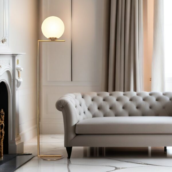 LLF Eris 1520mm tall antique gold floor lamp with opal glass shade on white background