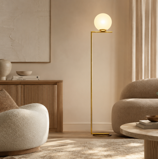 LLF Eris Floor Lamp with antique gold right-angle metal frame and opal glass ball shade