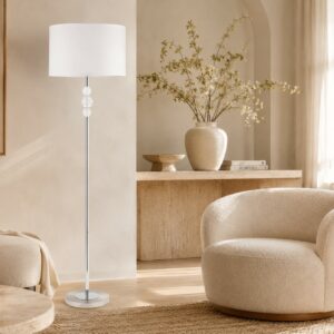 LLF Fairway White Floor Lamp with chrome and bubble acrylic sphere base and clean white shade