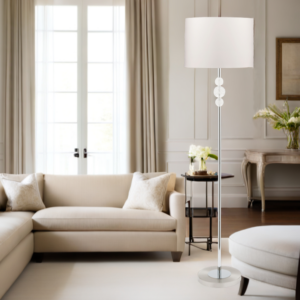 LLF Fairway White Floor Lamp with chrome and bubble acrylic sphere base and clean white shade