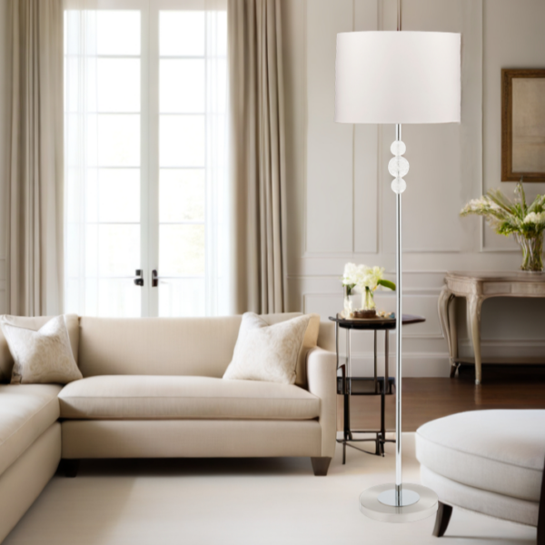 LLF Fairway White Floor Lamp with chrome and bubble acrylic sphere base and clean white shade