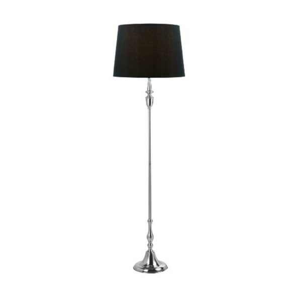 LLF Flute Black Floor Lamp with ornate nickel base and bold black linen round tapered shade